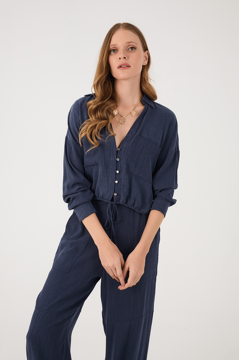 Indigo Blue Buttoned Drawstring Hem Blouse