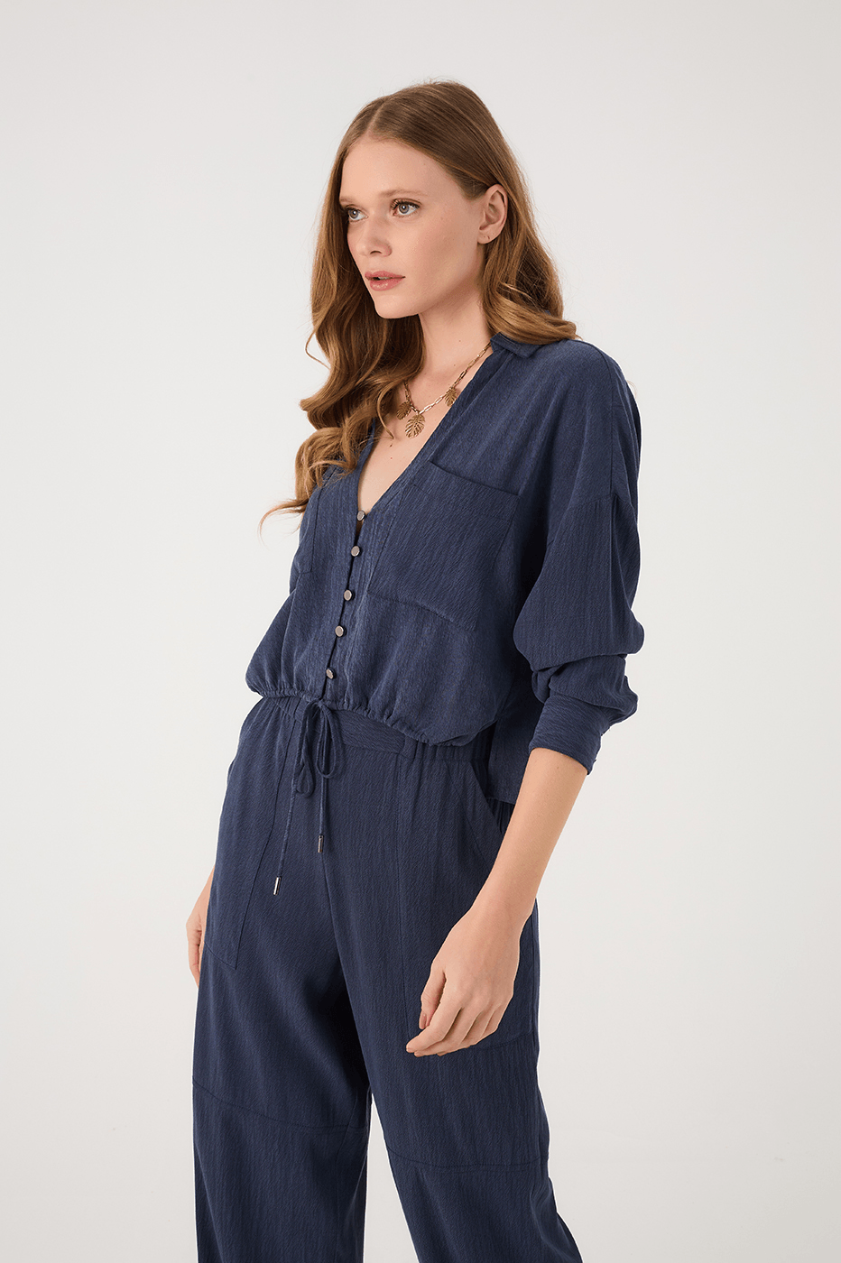 Indigo Blue Buttoned Drawstring Hem Blouse