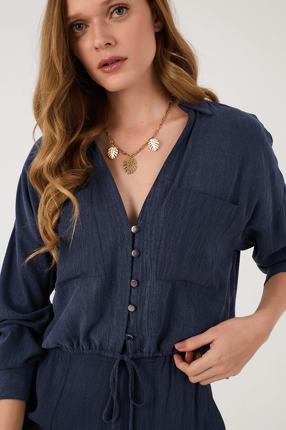 Indigo Blue Buttoned Drawstring Hem Blouse