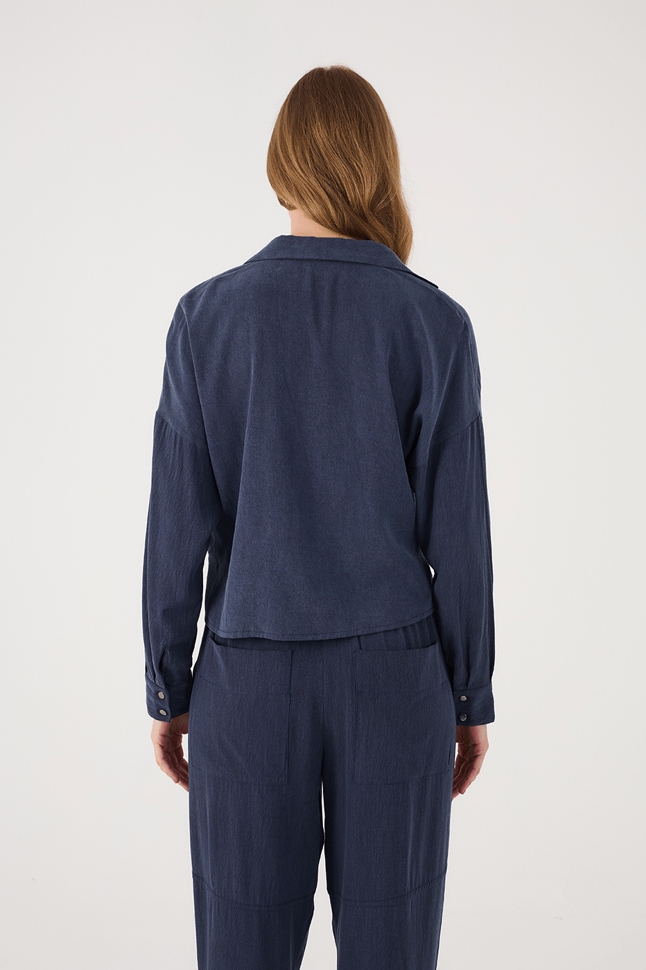 Indigo Blue Buttoned Drawstring Hem Blouse