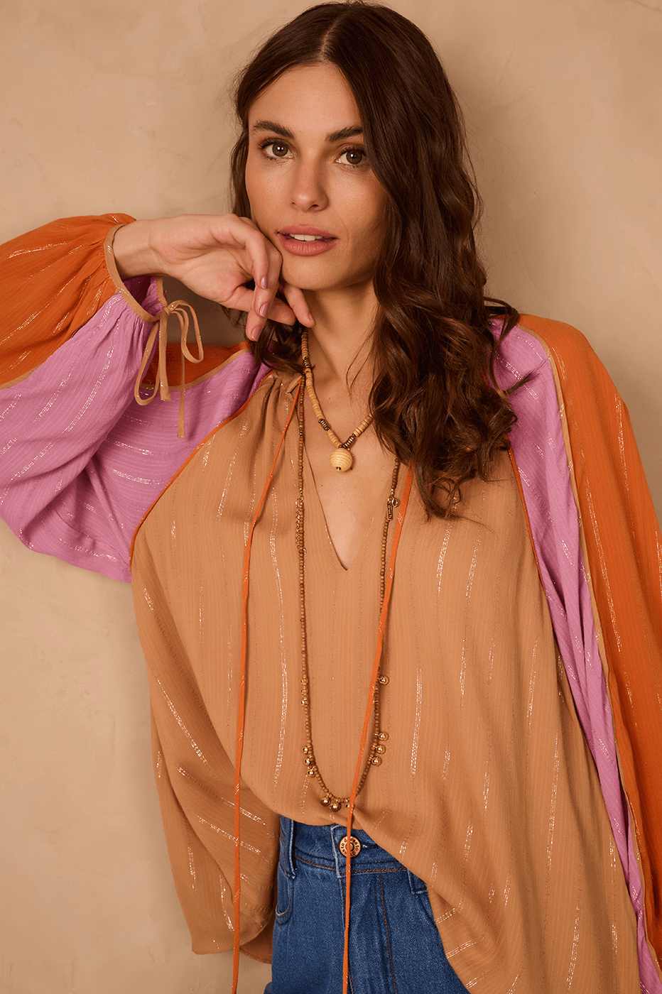Multicolor Lurex Neckline Ties Long Sleeve Blouse
