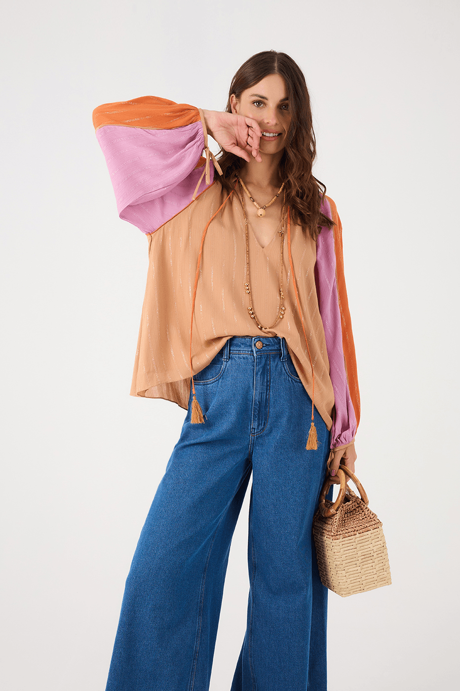Multicolor Lurex Neckline Ties Long Sleeve Blouse
