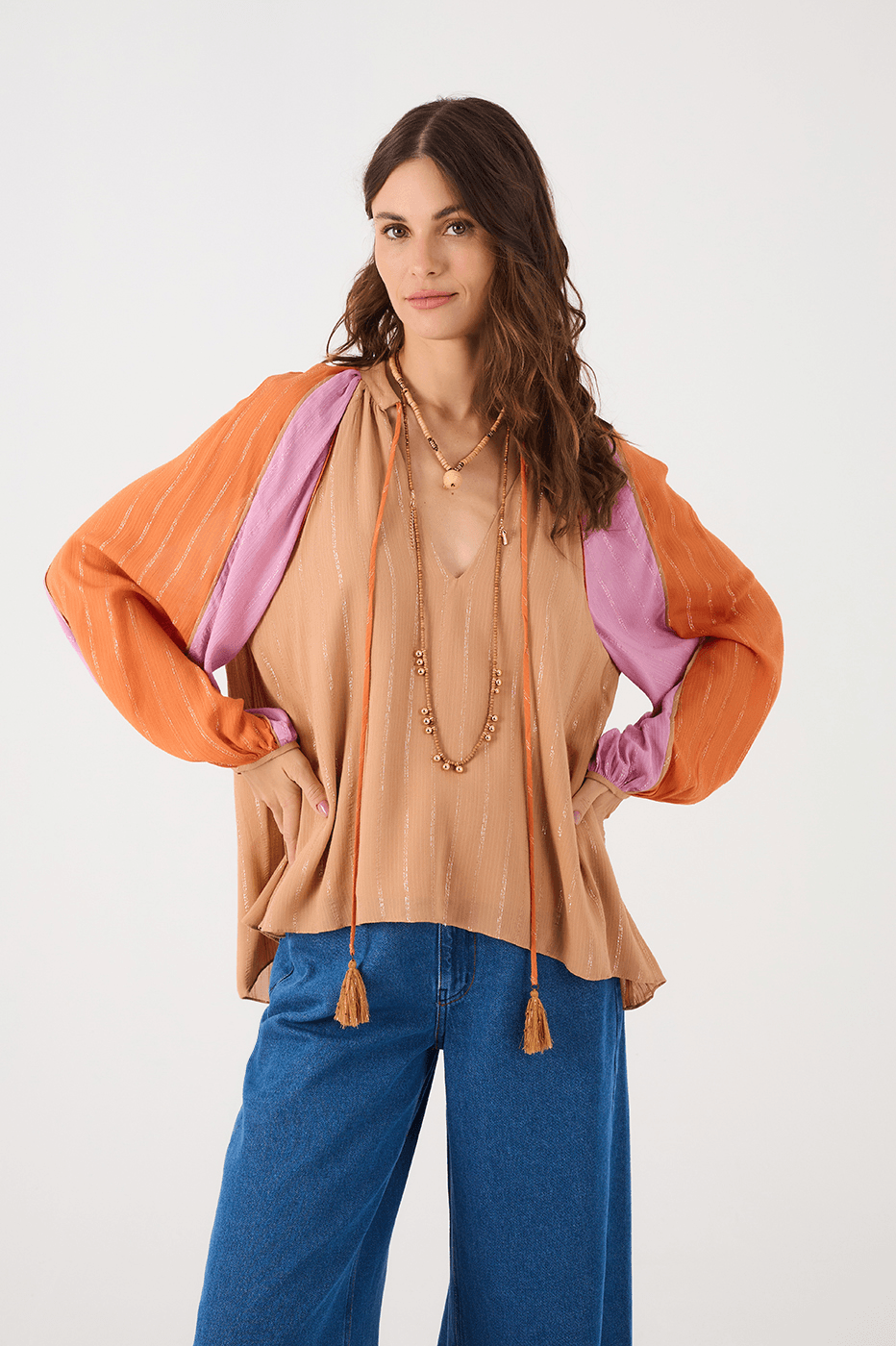 Multicolor Lurex Neckline Ties Long Sleeve Blouse