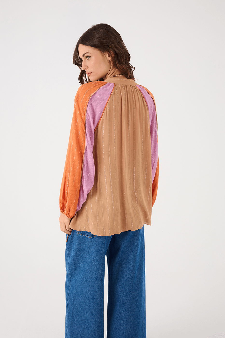 Multicolor Lurex Neckline Ties Long Sleeve Blouse