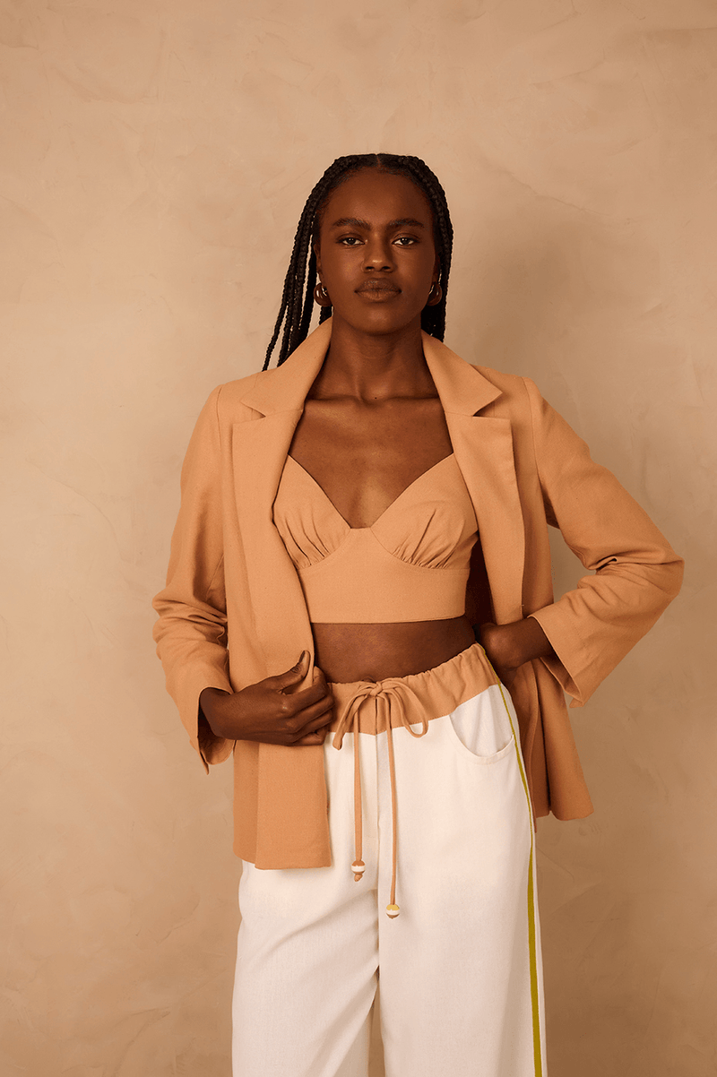 Beige Leme Sweetheart Neck Smocked Linen Crop Top_1