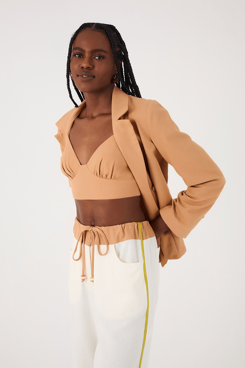 Beige Leme Sweetheart Neck Smocked Linen Crop Top