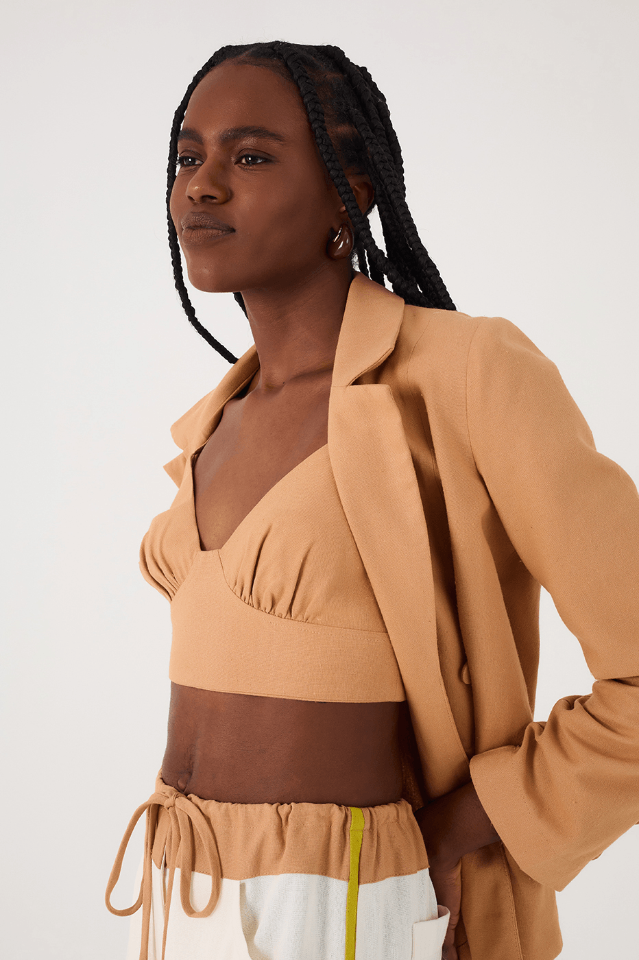 Beige Leme Sweetheart Neck Smocked Linen Crop Top