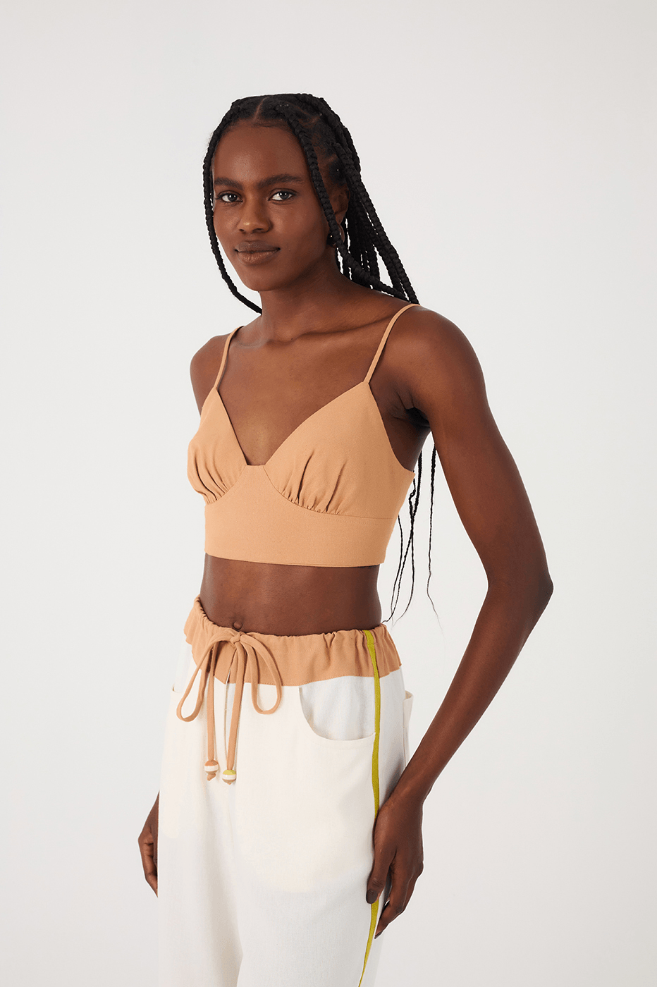 Beige Leme Sweetheart Neck Smocked Linen Crop Top