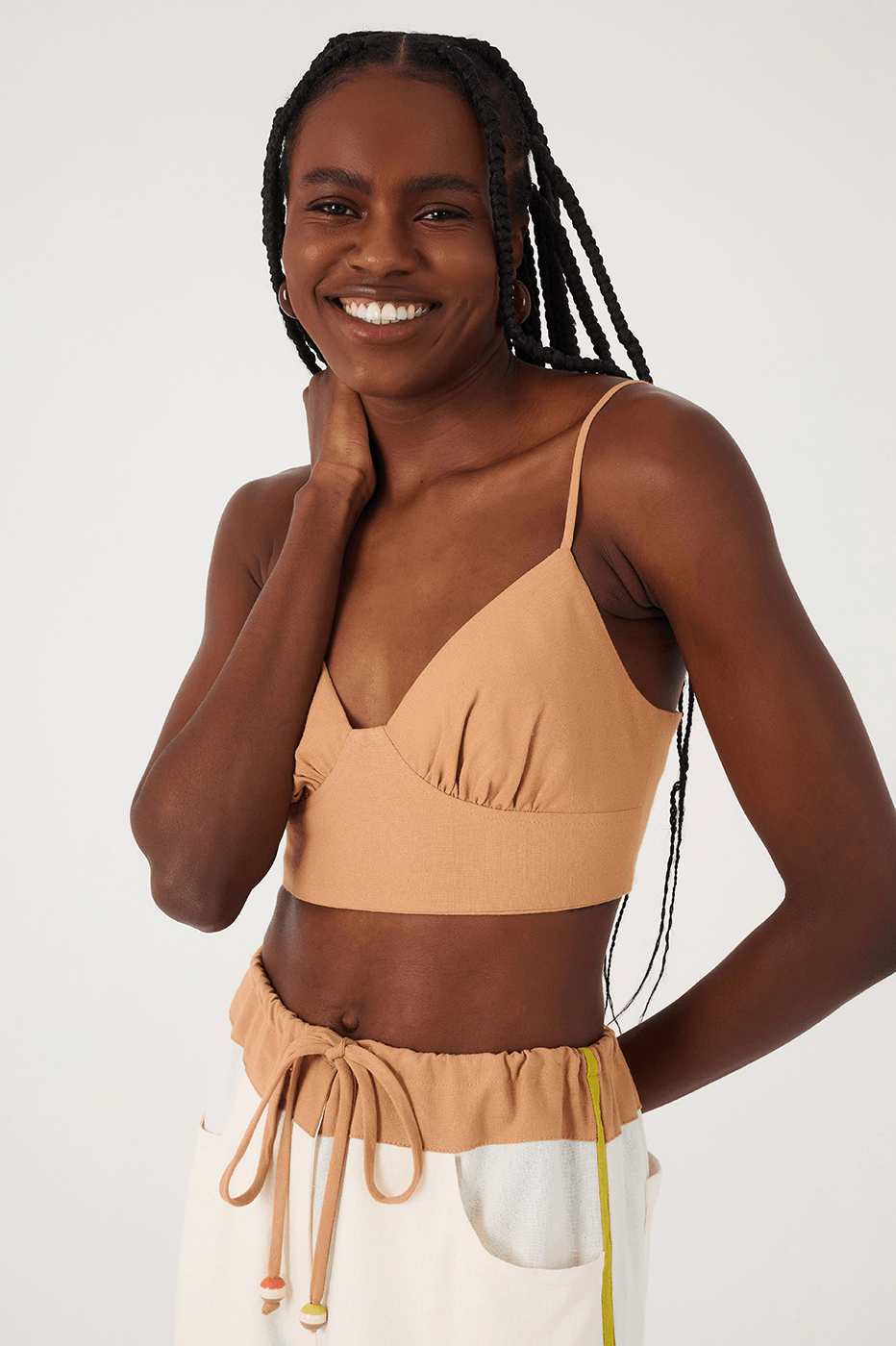 Beige Leme Sweetheart Neck Smocked Linen Crop Top