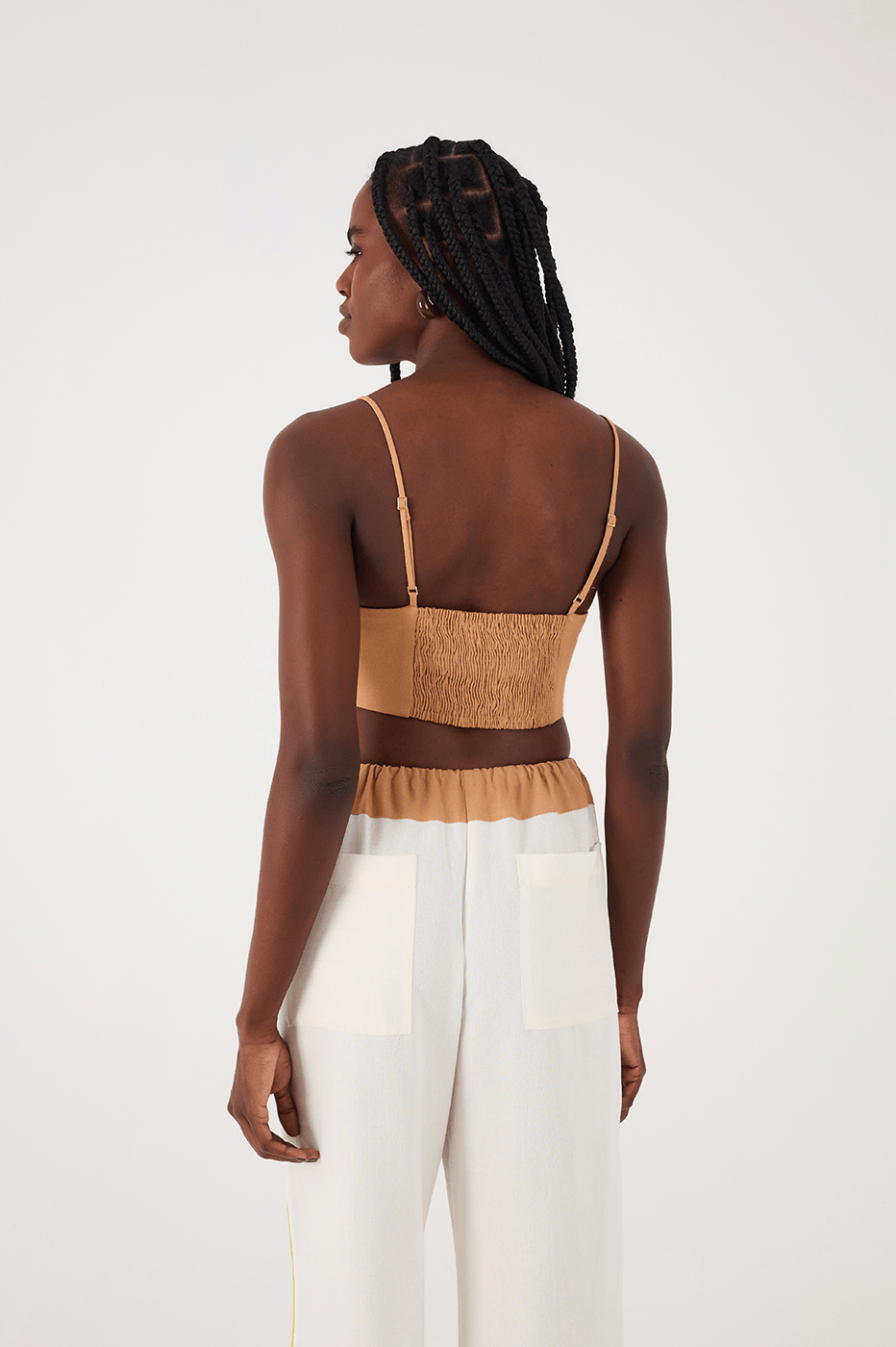 Beige Leme Sweetheart Neck Smocked Linen Crop Top
