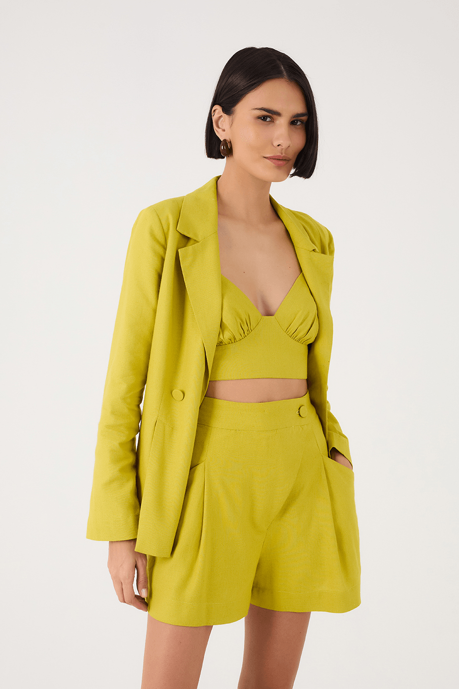 Green Urca Sweetheart Neck Smocked Linen Crop Top