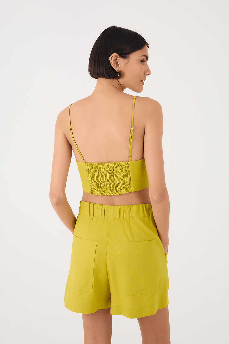 Green Urca Sweetheart Neck Smocked Linen Crop Top