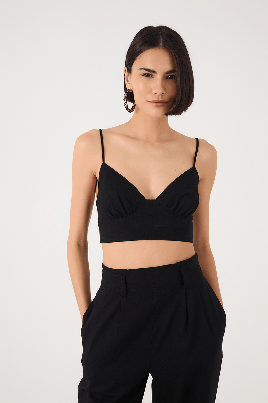 Black Sweetheart Neck Smocked Linen Crop Top