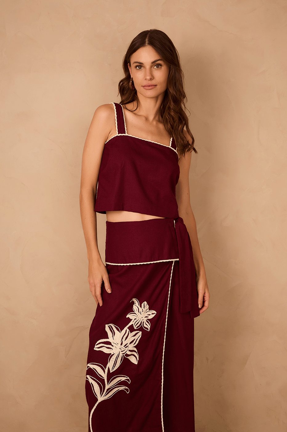 Wine Bossa Square Neck Crochet Trim Linen Crop Top