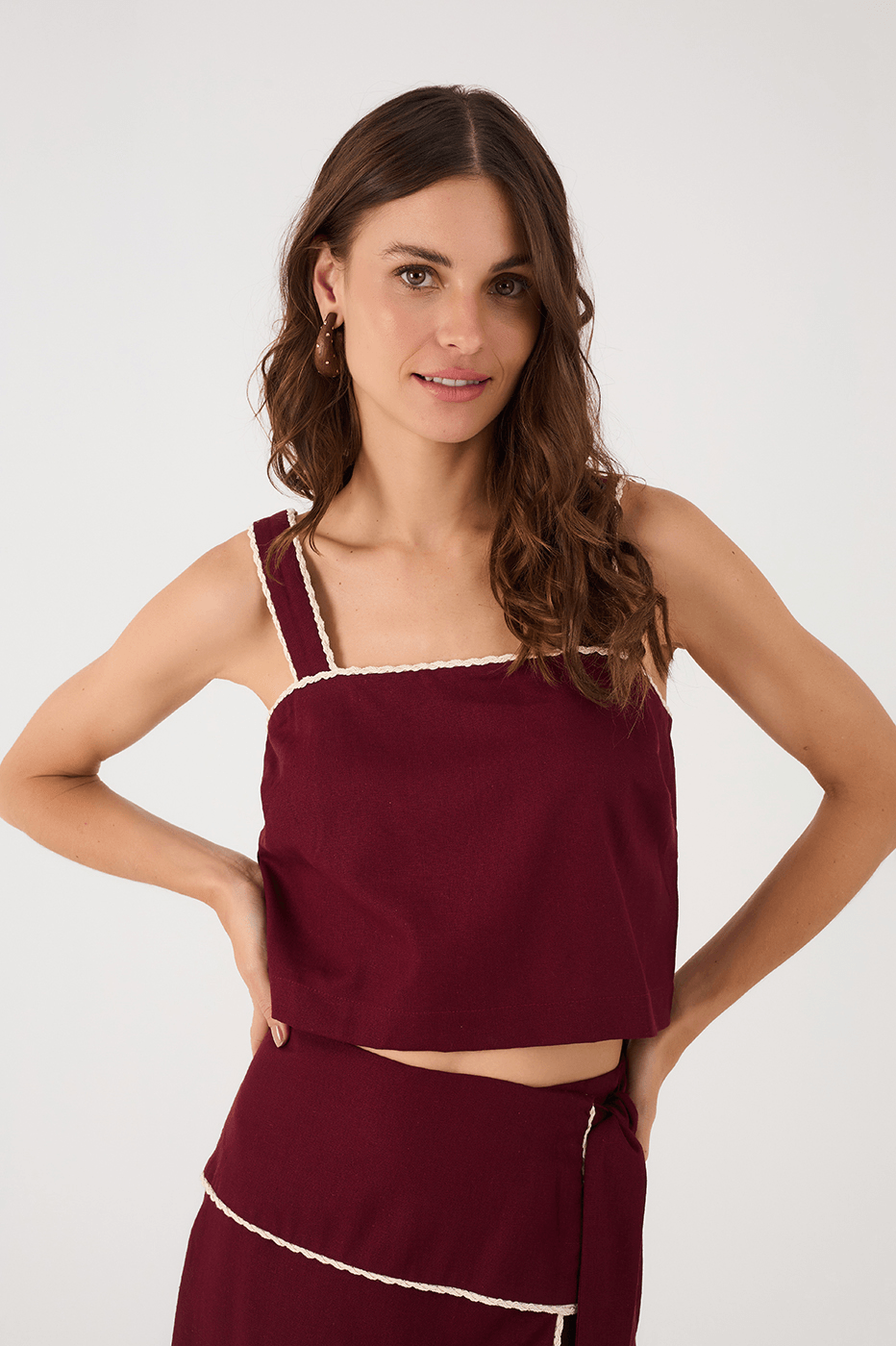 Wine Bossa Square Neck Crochet Trim Linen Crop Top