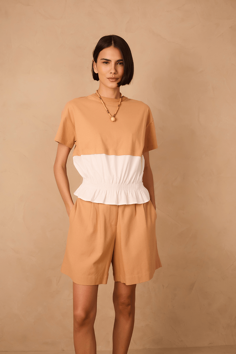 Beige And White Crew Neck Smocked Hem T-Shirt