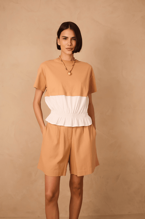 Beige And White Crew Neck Smocked Hem T-Shirt