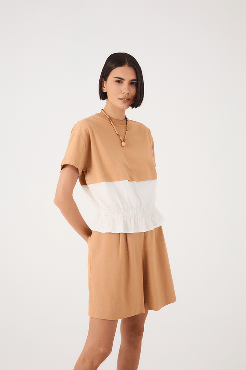 Beige And White Crew Neck Smocked Hem T-Shirt