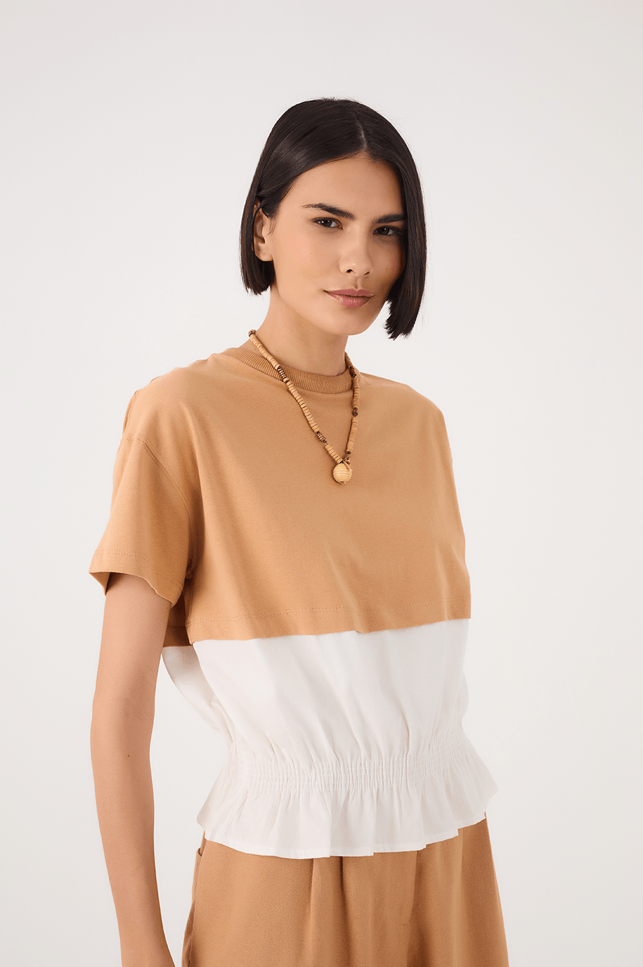 Beige And White Crew Neck Smocked Hem T-Shirt