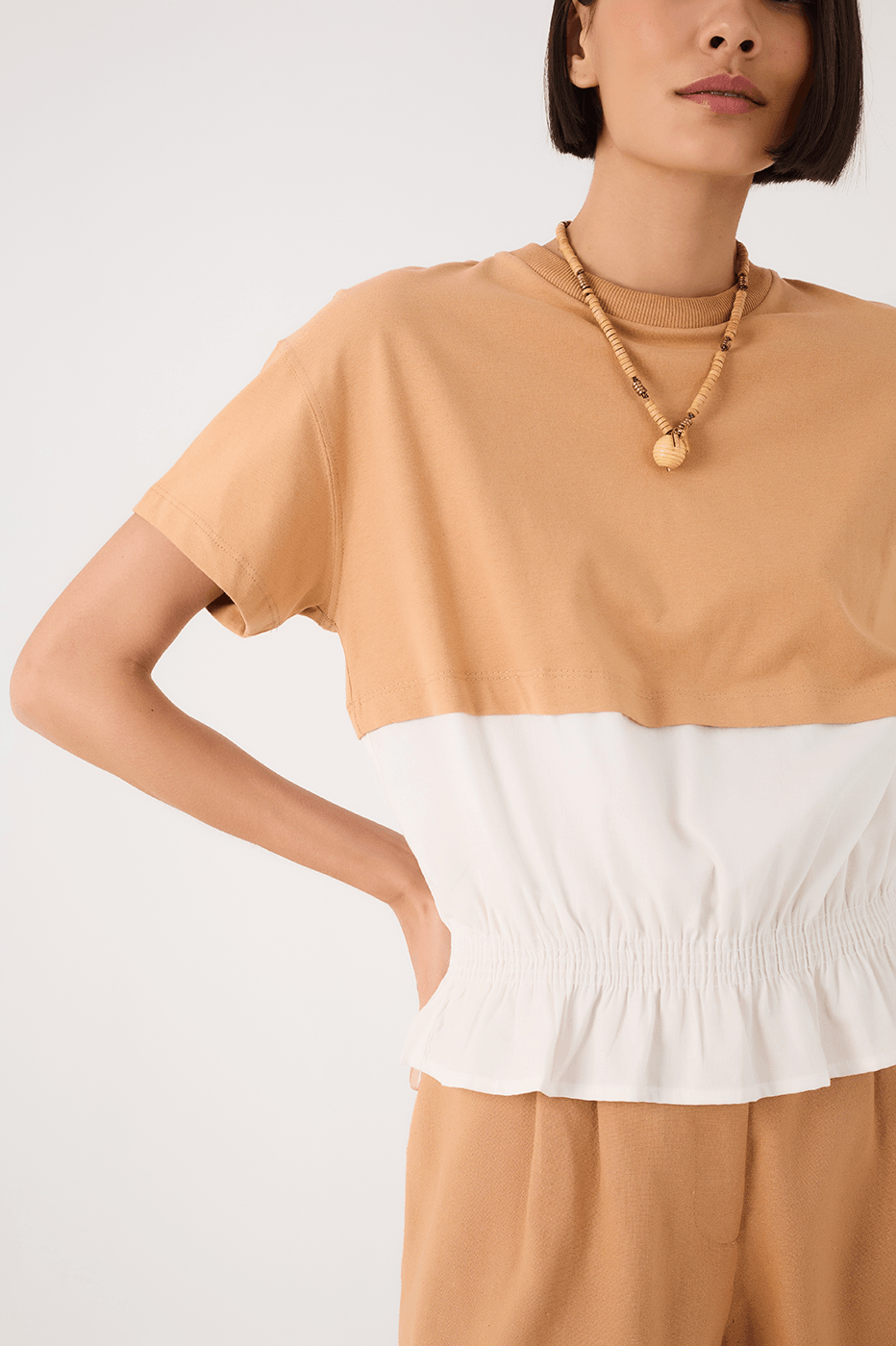 Beige And White Crew Neck Smocked Hem T-Shirt