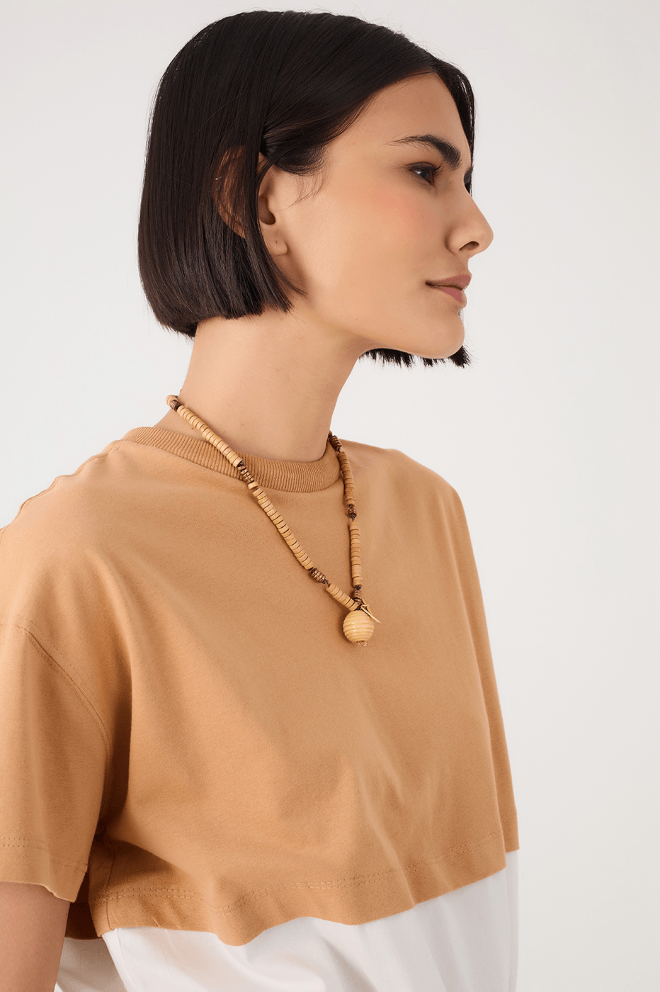 Beige And White Crew Neck Smocked Hem T-Shirt