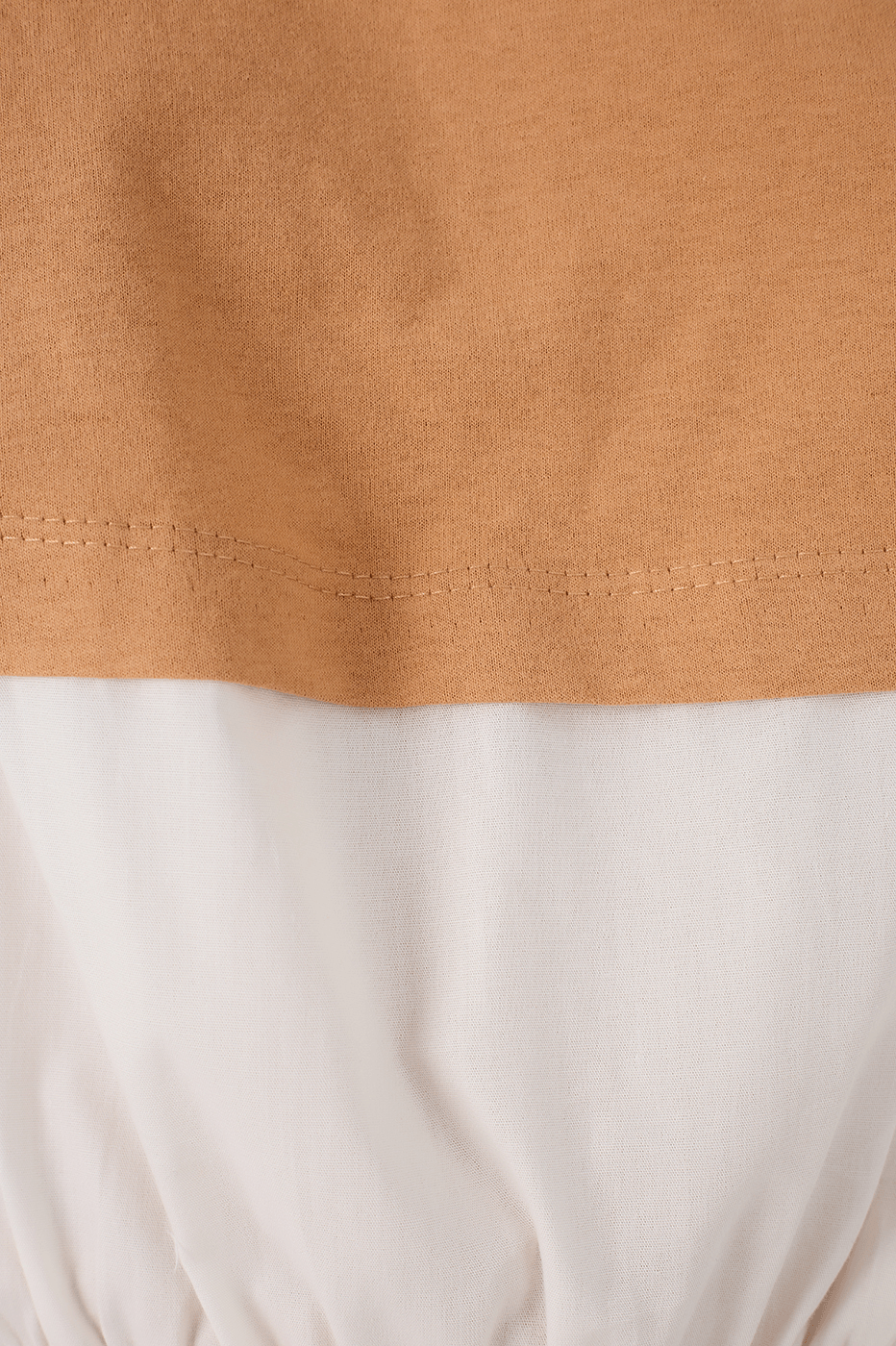 Beige And White Crew Neck Smocked Hem T-Shirt