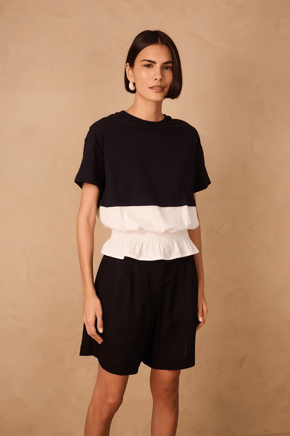 Black And White Crew Neck Smocked Hem T-Shirt