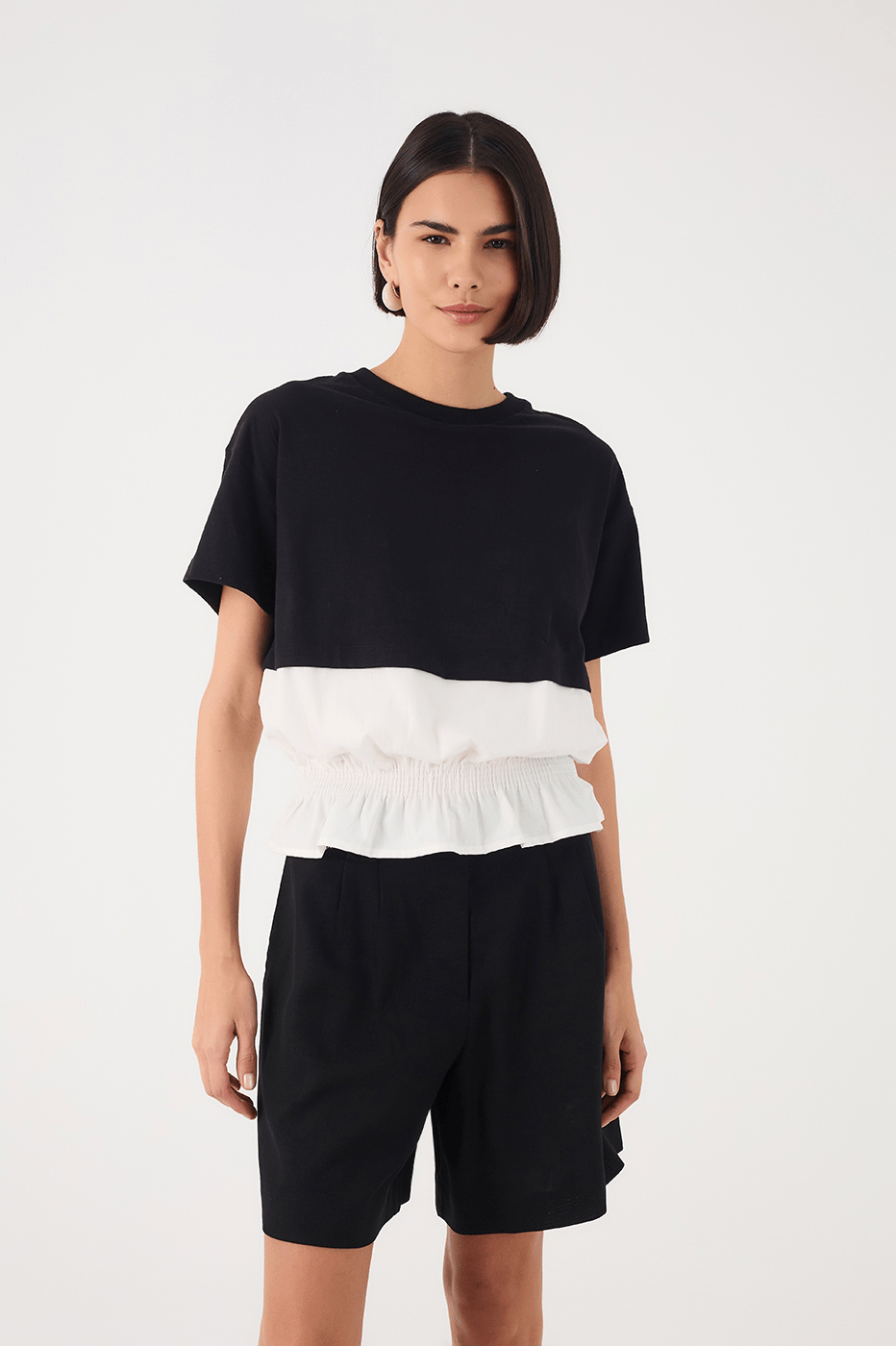 Black And White Crew Neck Smocked Hem T-Shirt