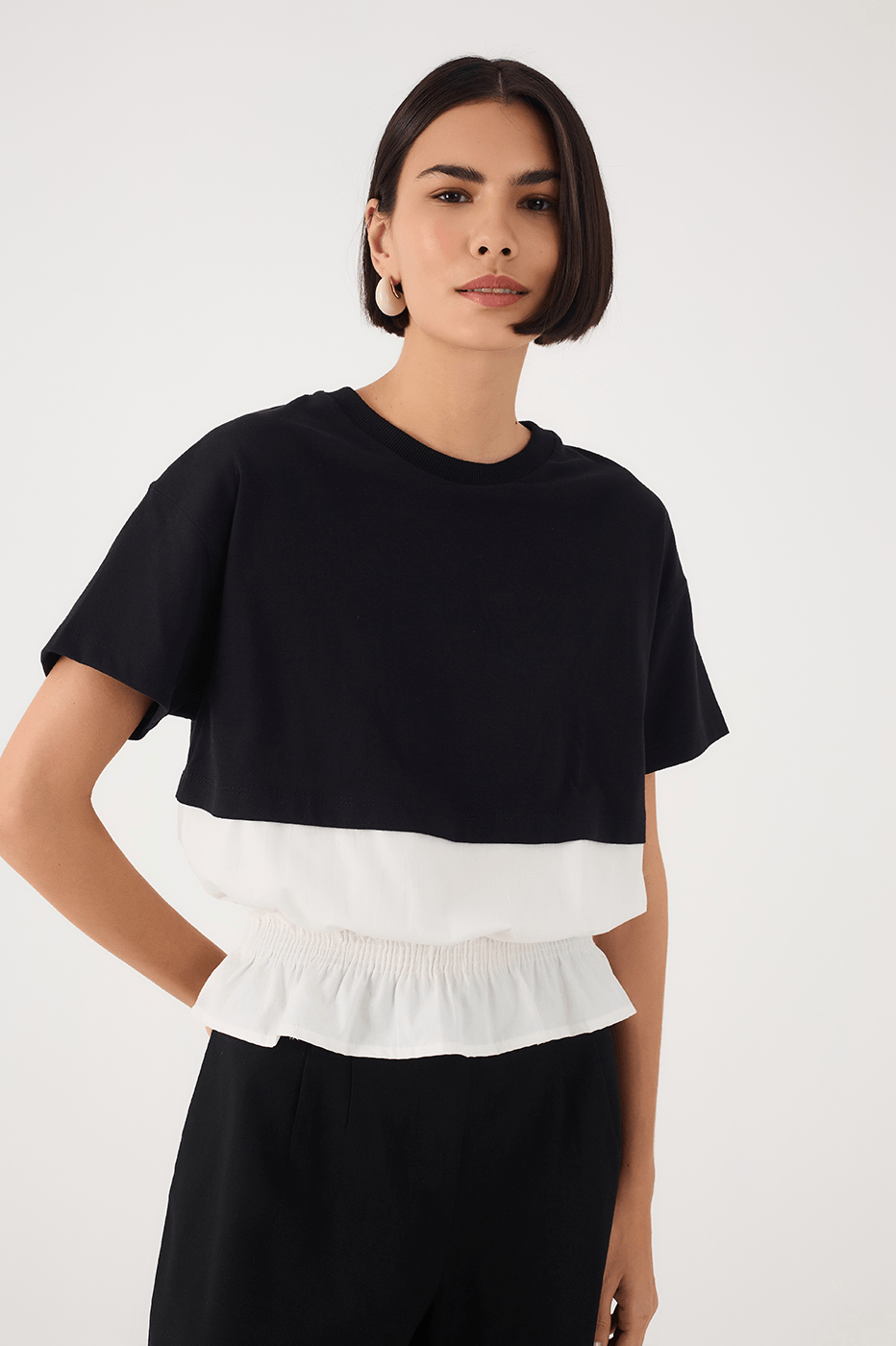Black And White Crew Neck Smocked Hem T-Shirt