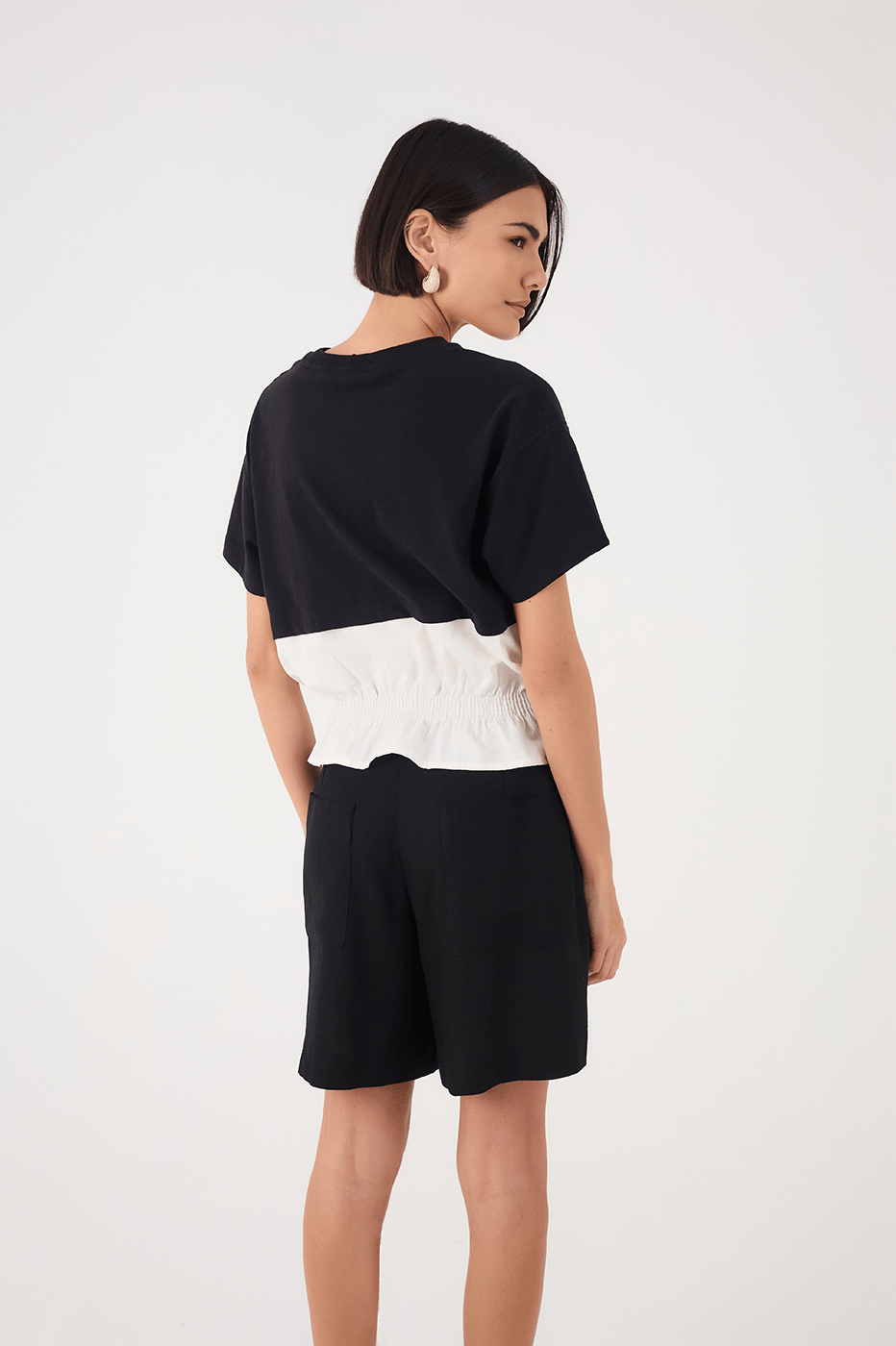 Black And White Crew Neck Smocked Hem T-Shirt