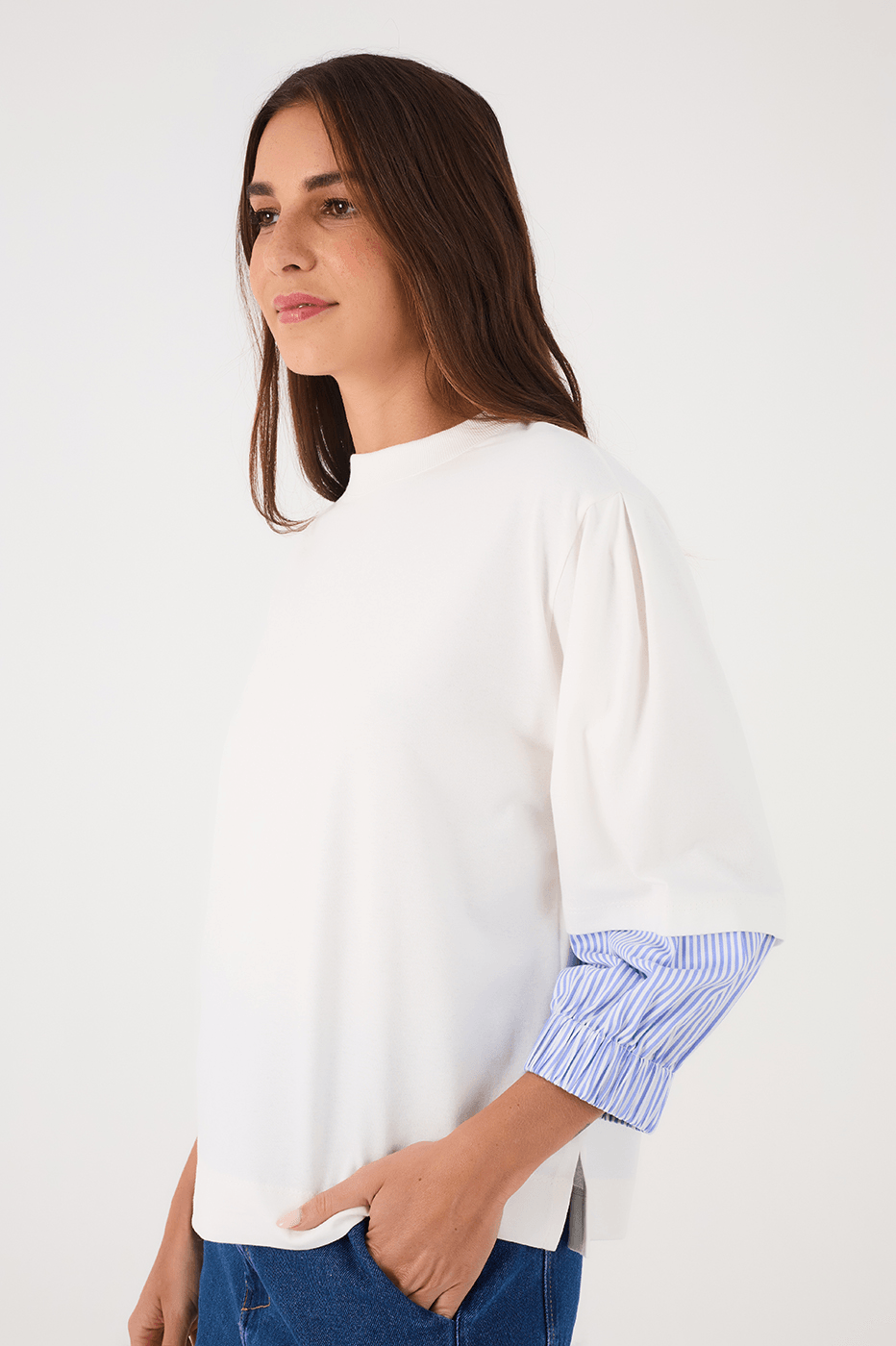 Off-White Crew Neck Striped Cuff T-Shirt
