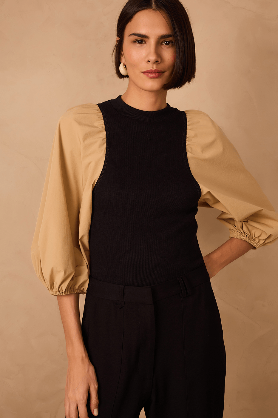 Beige Leme And Black Puff Sleeve Blouse