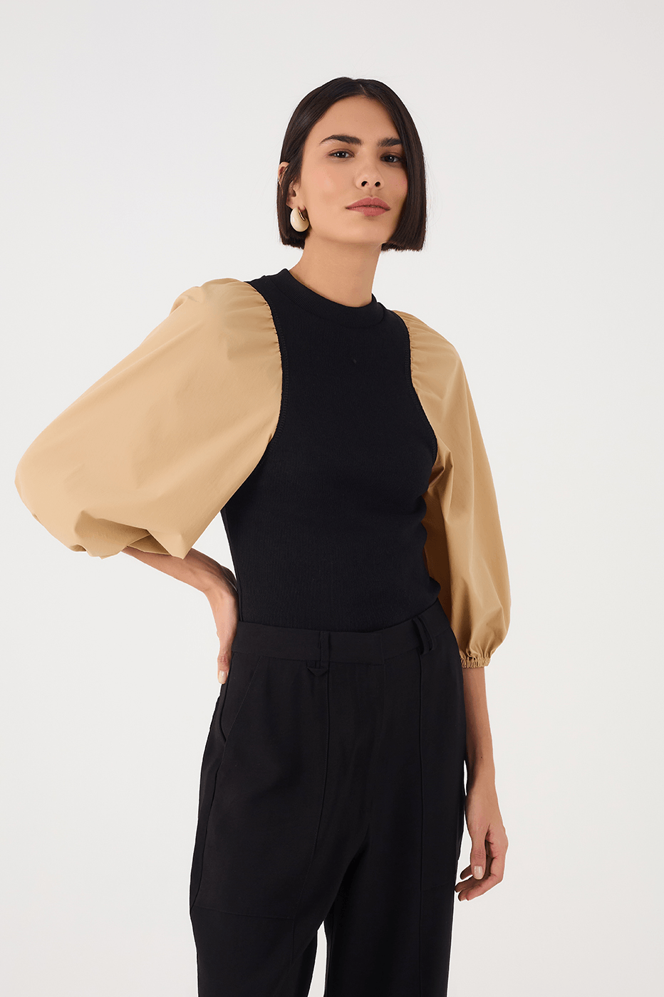 Beige Leme And Black Puff Sleeve Blouse
