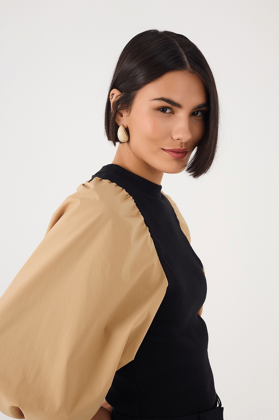 Beige Leme And Black Puff Sleeve Blouse