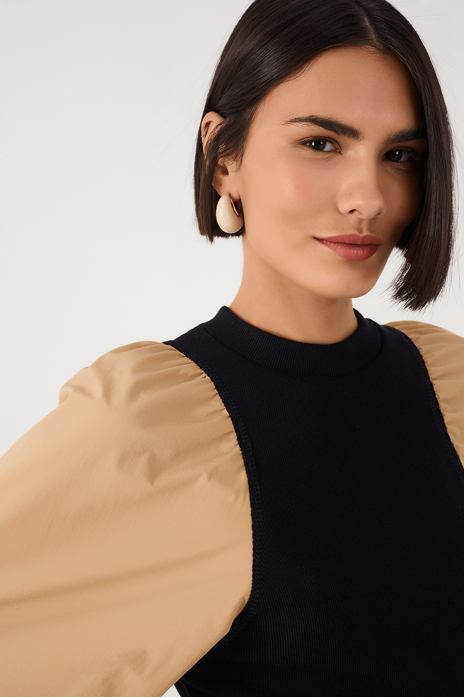 Beige Leme And Black Puff Sleeve Blouse