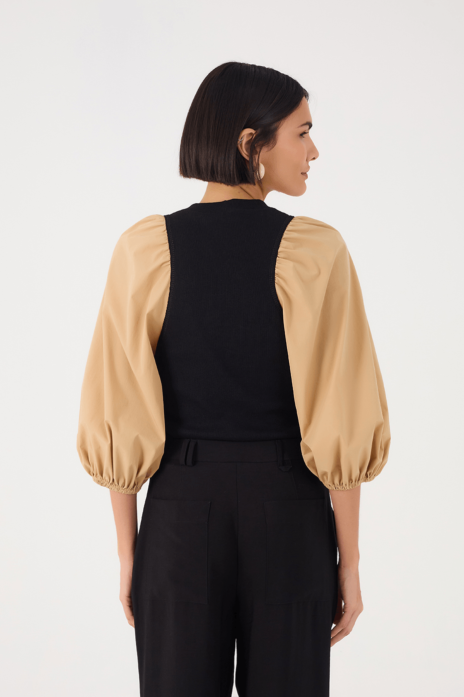 Beige Leme And Black Puff Sleeve Blouse