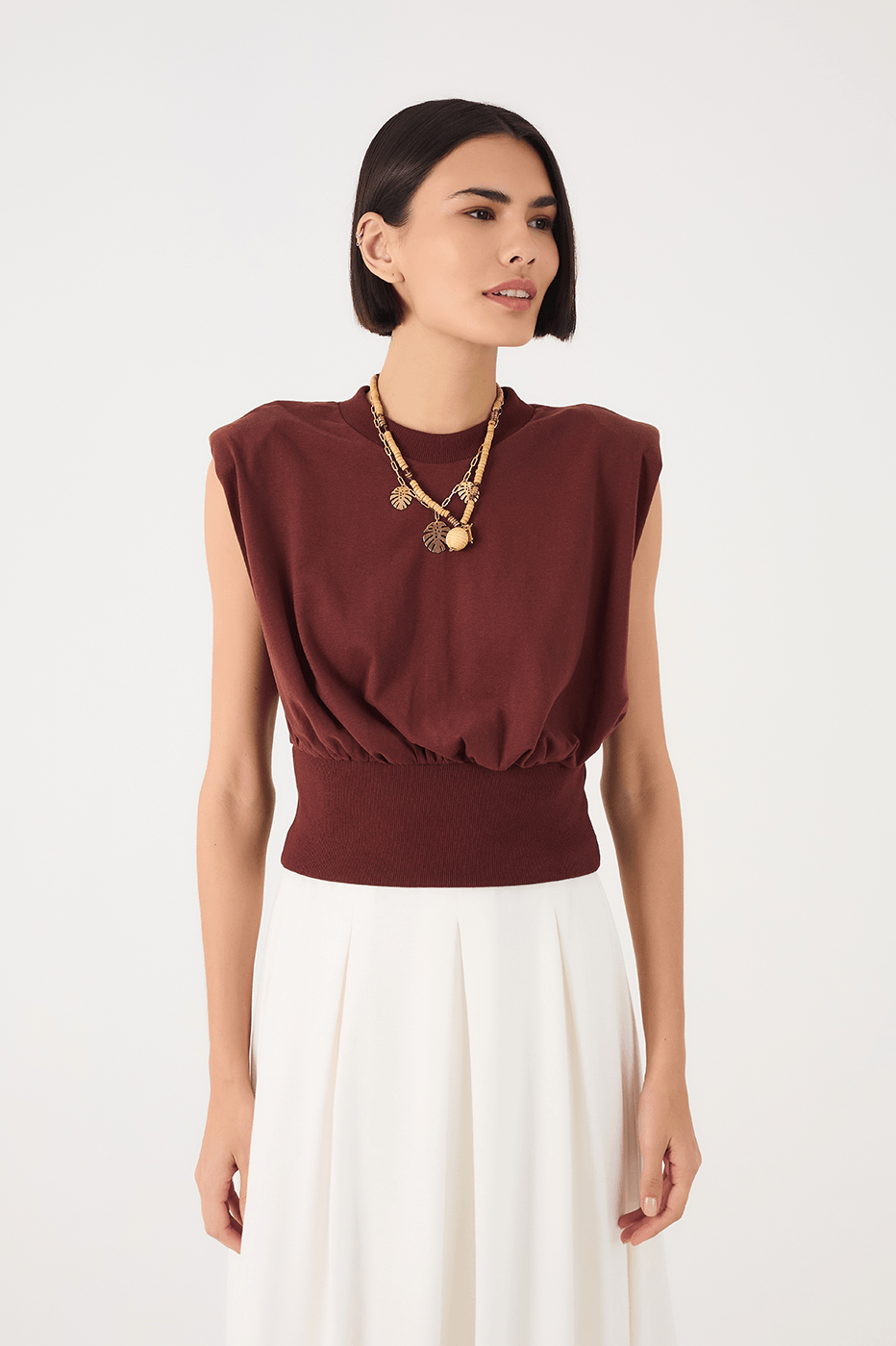 Brown Caffeine Crew Neck Ribbed Sleeveless T-Shirt