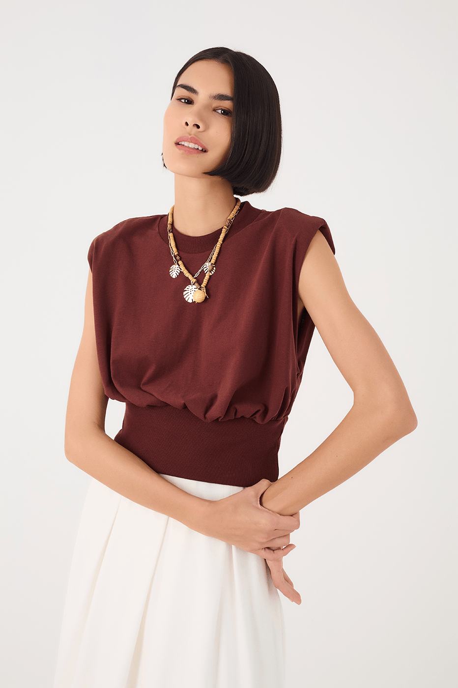 Brown Caffeine Crew Neck Ribbed Sleeveless T-Shirt