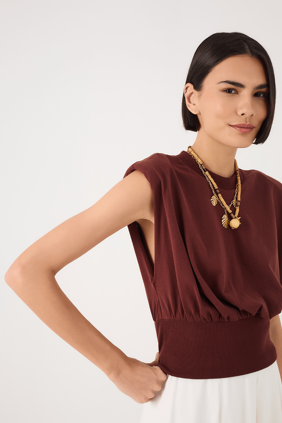 Brown Caffeine Crew Neck Ribbed Sleeveless T-Shirt