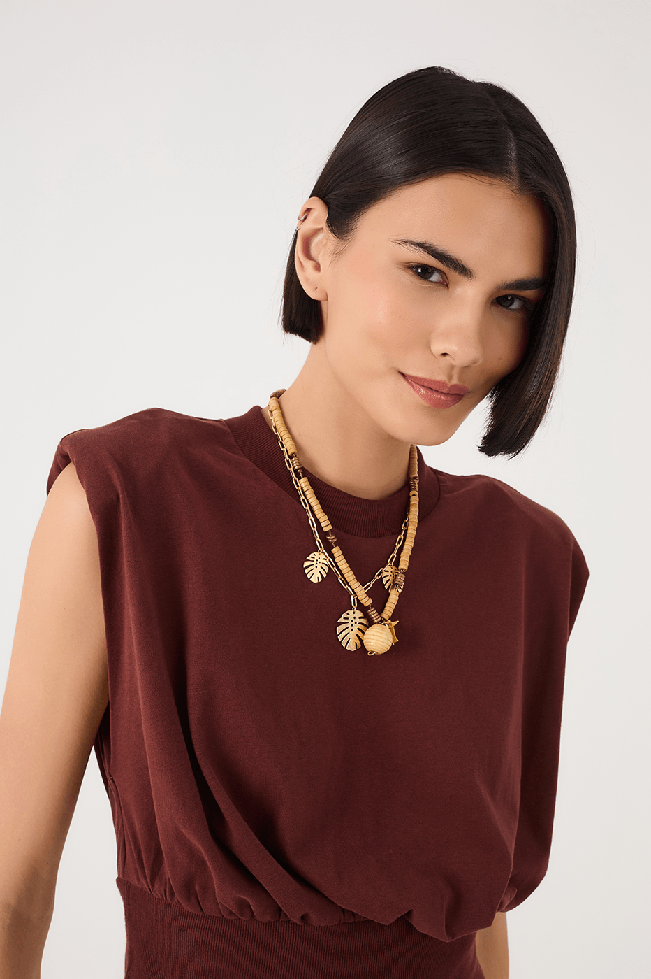 Brown Caffeine Crew Neck Ribbed Sleeveless T-Shirt