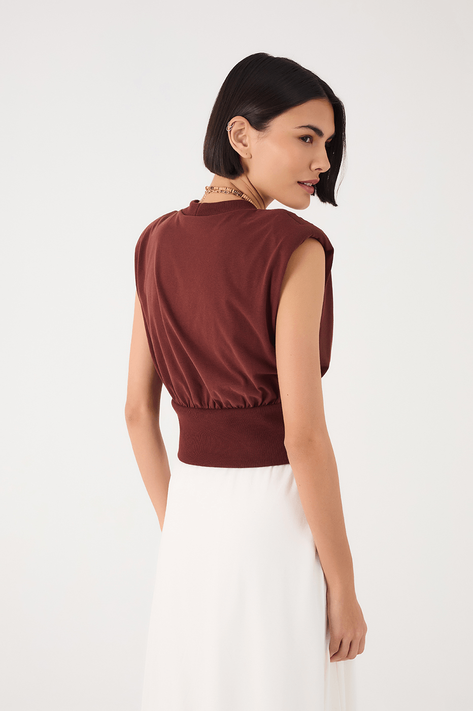 Brown Caffeine Crew Neck Ribbed Sleeveless T-Shirt