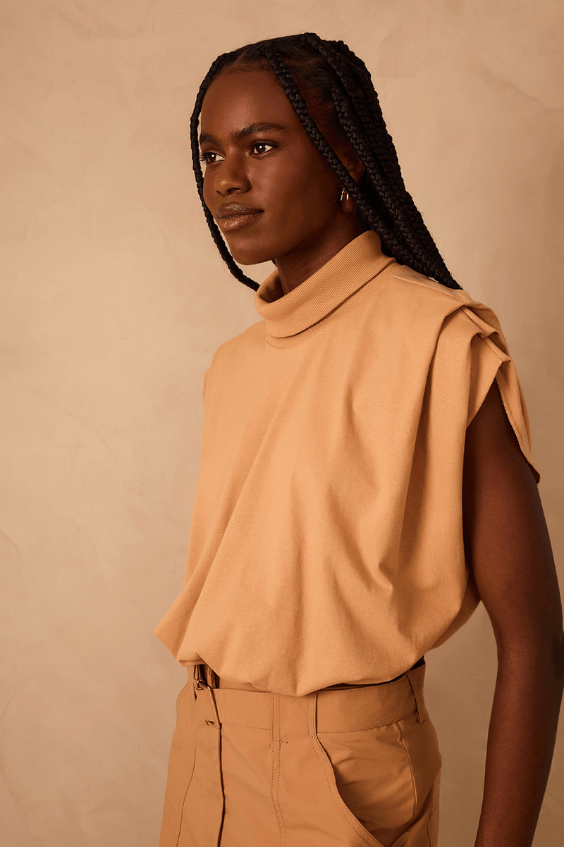Beige Leme High Neck Pleat Sleeveless Crop T-Shirt_1