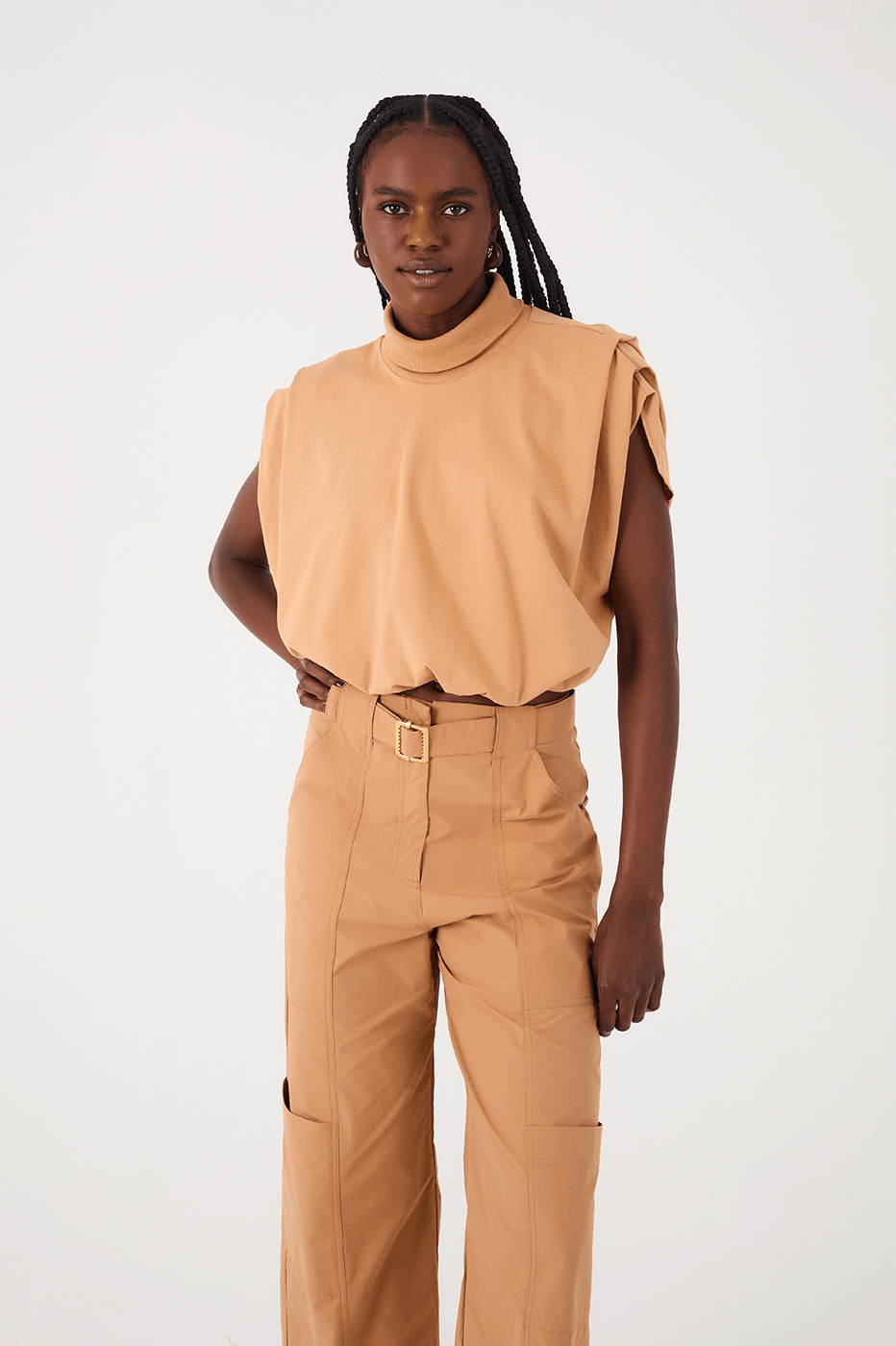 Beige Leme High Neck Pleat Sleeveless Crop T-Shirt