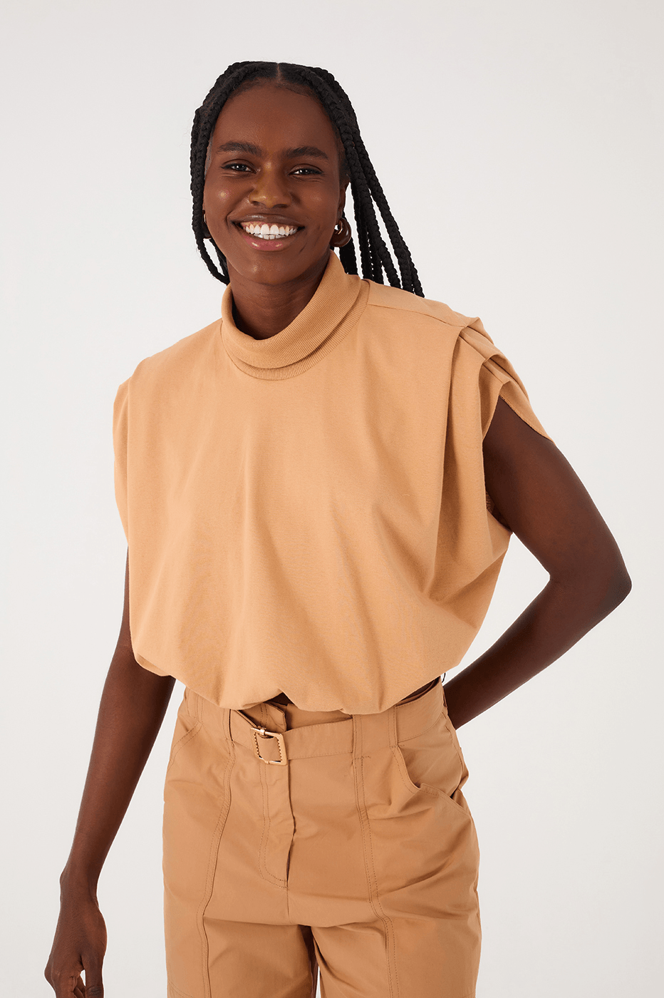 Beige Leme High Neck Pleat Sleeveless Crop T-Shirt