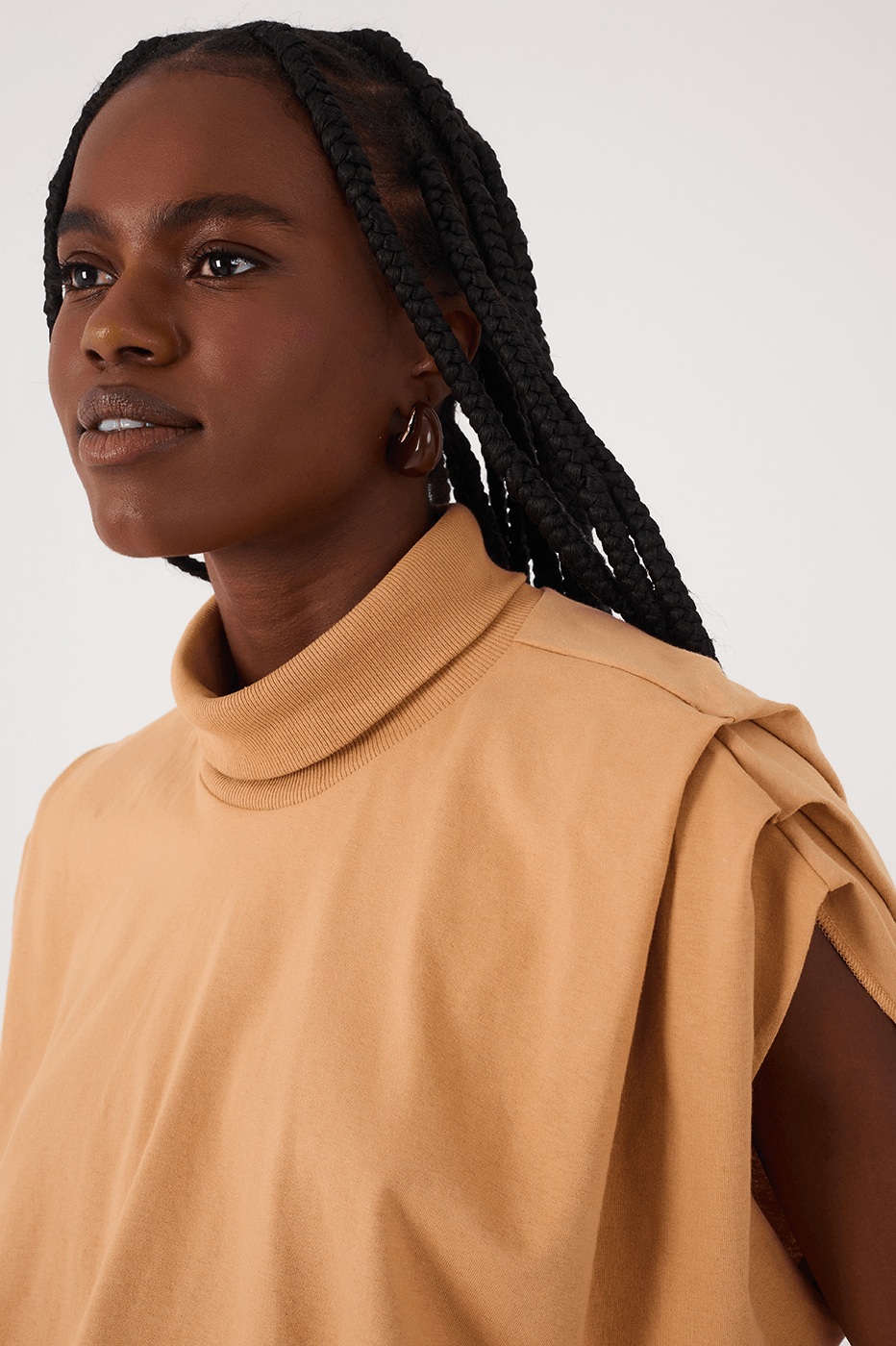 Beige Leme High Neck Pleat Sleeveless Crop T-Shirt