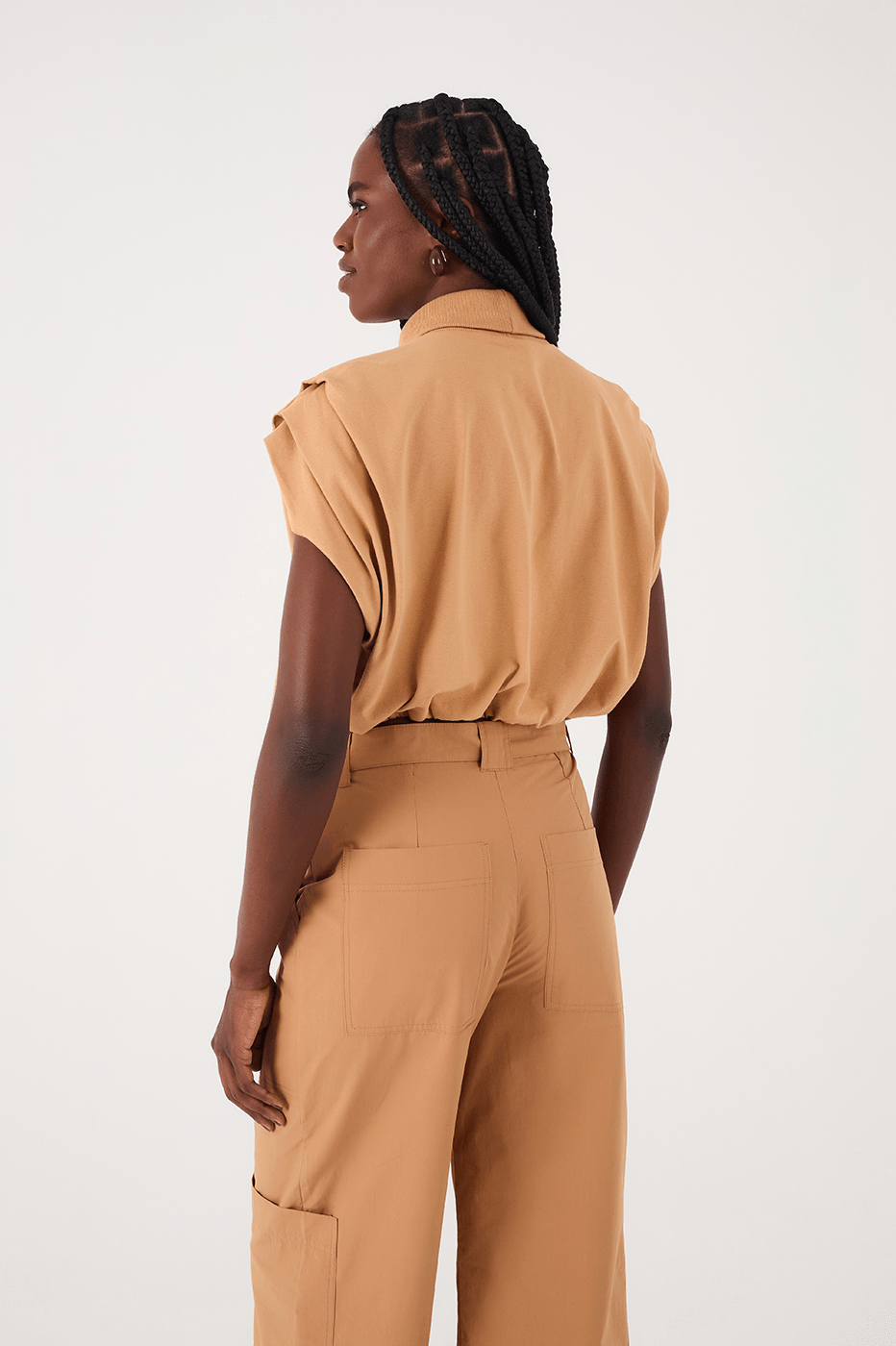 Beige Leme High Neck Pleat Sleeveless Crop T-Shirt