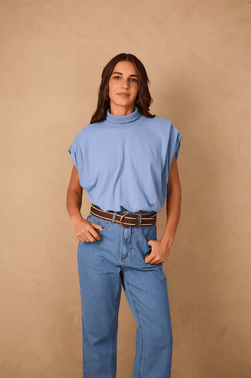 Azul Arpoador High Neck Pleat Sleeveless Crop T-Shirt