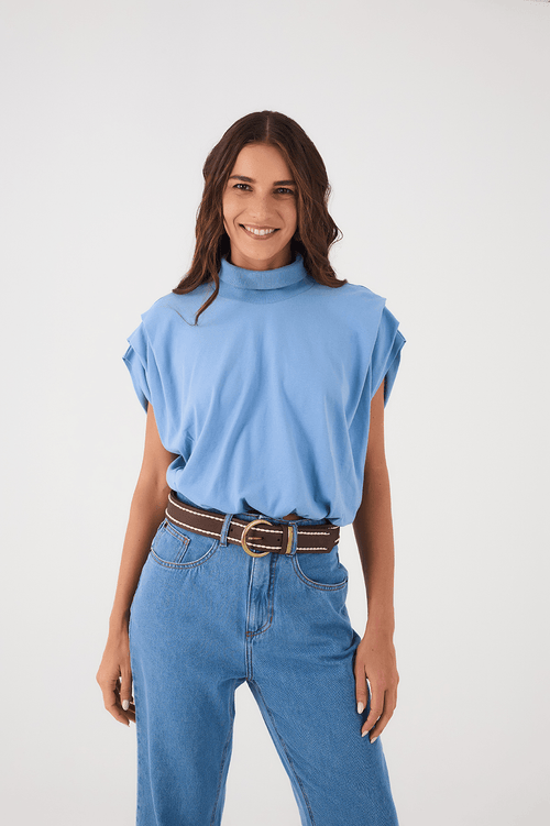 Azul Arpoador High Neck Pleat Sleeveless Crop T-Shirt
