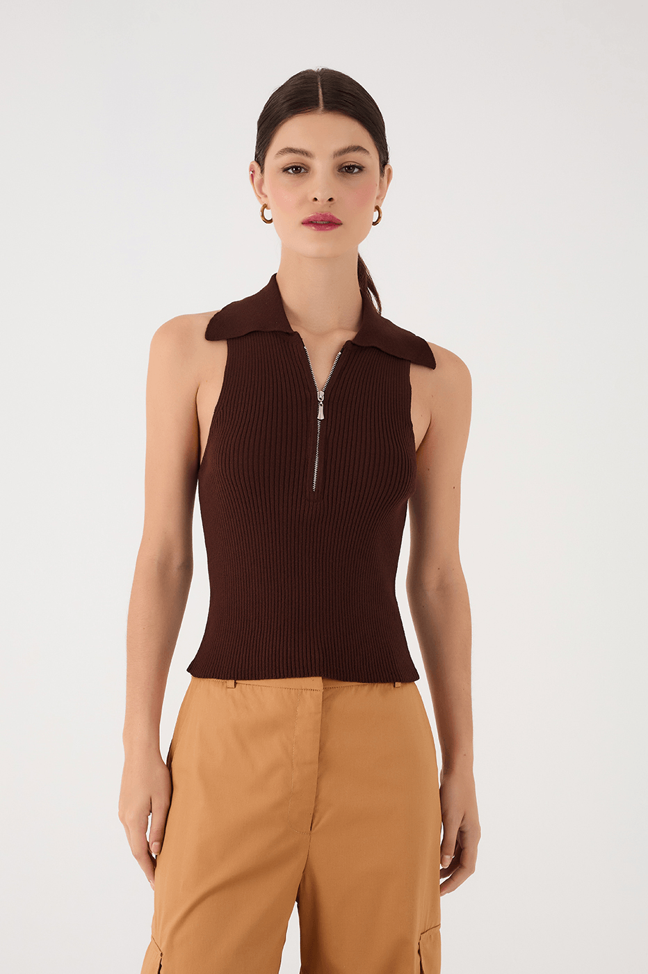 Brown Caffeine Ribbed V Neck Zipper Tank Top