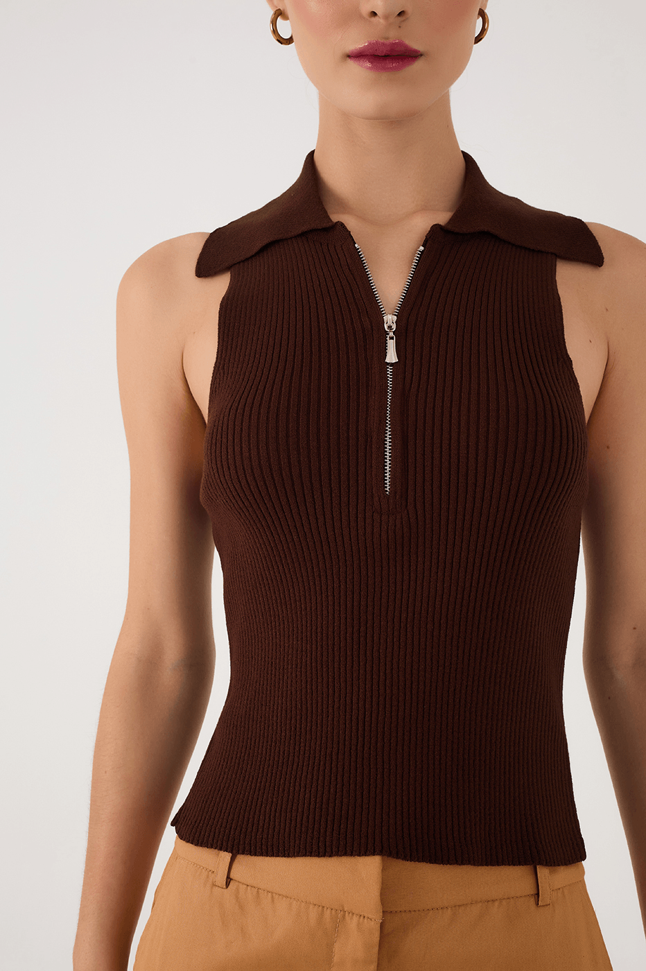 Brown Caffeine Ribbed V Neck Zipper Tank Top